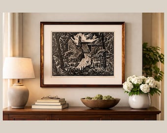 Vintage CHARLES SURENDORF Linocut Large Framed First Edition of Market in Patzcuaro, Mexico