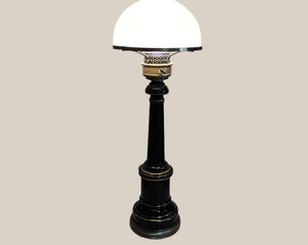 Electric Lamp Vintage Enameled Black and Gold with Milk Glass Shade
