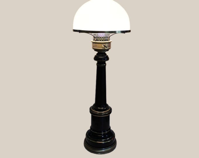Electric Lamp Vintage Enameled Black and Gold with Milk Glass Shade