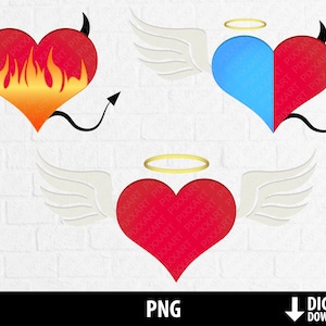 Angel devil love png, good bad evil heart clipart, printable hearts for sublimation, digital download