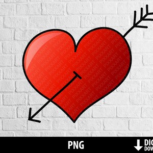 Herz mit Pfeil png, handgezeichnetes Liebesherz Clipart, glänzendes Doodle Herz, Valentinstag, druckbares Herz, Sublimation digitaler Download