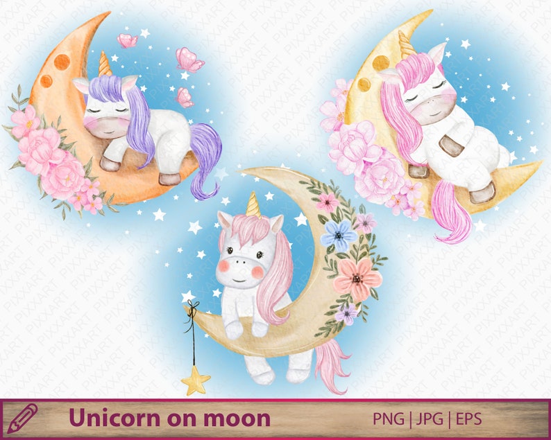unicorn clipart nursery unicorn sleeping on moon png cute etsy