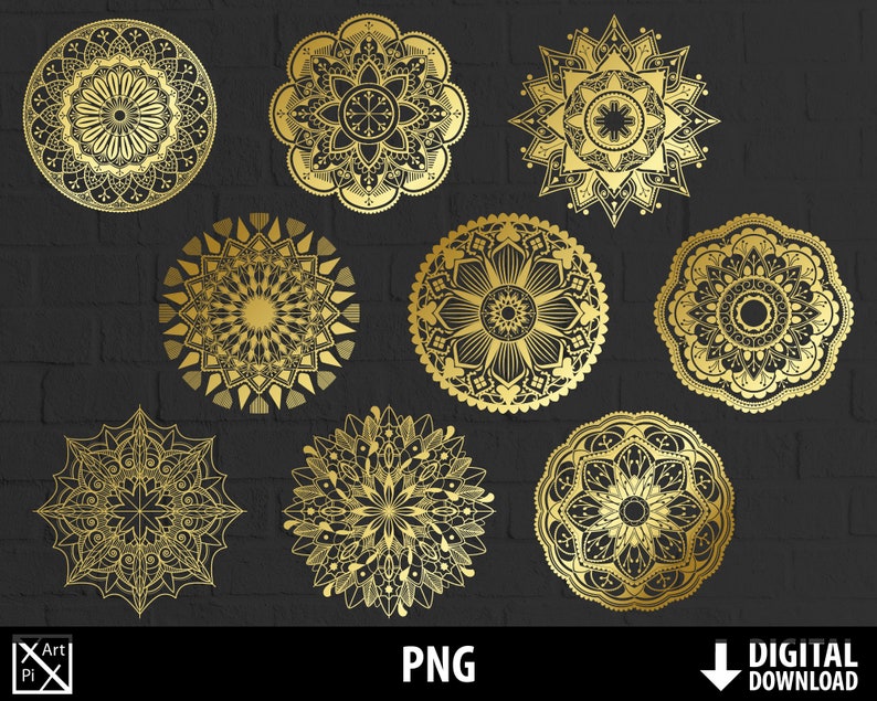 May include: Set of ten gold mandala designs with intricate patterns. The mandalas are circular and have a black background.