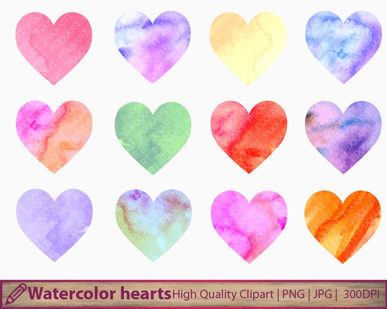 romantic graphics scrapbooking Watercolor hearts clipart digital instant download love clip art jpg png 300dpi