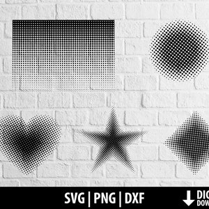May include: A set of five black and white halftone pattern shapes: a square, a circle, a heart, a star, and a diamond. The shapes are on a white brick background.
