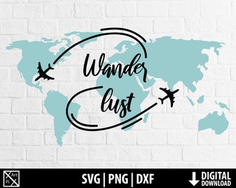 ワンダーラスト svg png dxf 旅行 世界 飛行機 クリップアート 旅行 地球儀 世界地図 印刷可能 カット ファイル シルエット 昇華 デジタル ダウンロード