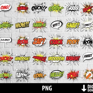 Comic Buch png, Sound Effekte Superheld Clipart Worte Ballon druckbare Pop Art Text Sprechblase Sublimation digitaler Download
