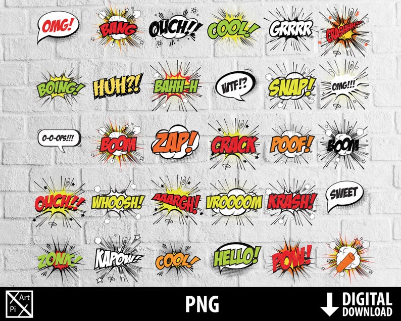 Comic book png sound effects superhero clipart words balloon printable pop art text speech bubble sublimation digital download