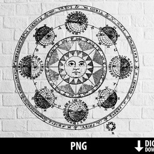 Vintage zodiac wheel png, old astrology circle clipart, printable file, sublimation, digital download