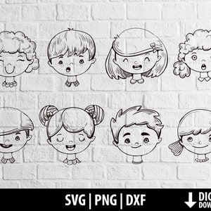 Kinder Gesichter Svg Png Dxf, Doodle jungen Mädchen Mädchen Kopf Clipart, Kinder Gesichter Färbung, druckbare niedliche Kinder schneiden Dateien cricut, digitaler Download
