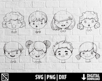 Kids faces svg png dxf, doodle boys girls head clipart, children faces coloring, printable cute kids cut files cricut, digital download