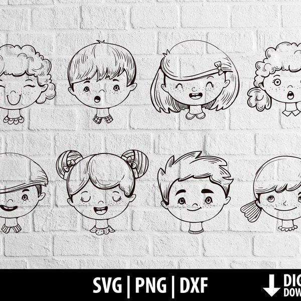 子供の顔 svg png dxf、落書き男の子女の子頭クリップアート、子供の顔の塗り絵、印刷可能なかわいい子供のカットファイル cricut、デジタルダウンロード