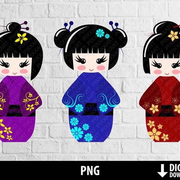 Japanese geisha png, kokeshi dolls clipart, cute japan kawaii graphics, printable  sublimation digital download