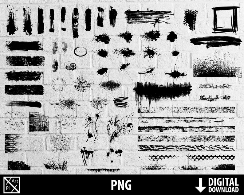 May include: A collection of black and white grunge textures, including splatters, brush strokes, and lines. These textures are perfect for adding a distressed or vintage look to your designs.