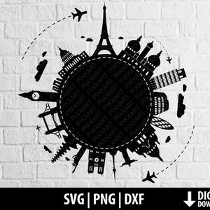 Reiswereld svg png dxf reislust clipart reizende globe oriëntatiepunten afdrukbaar gesneden bestand cricut silhouet sublimatie digitale download