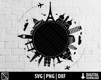 Travel world svg png dxf wanderlust clipart travelling globe landmarks printable cut file cricut silhouette sublimation digital download