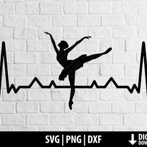Peut inclure: Silhouette noire d'une ballerine dansant avec une ligne de battement de cœur en dessous. L'image est sur un fond de brique blanche.