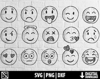 May include: A set of 18 hand-drawn black and white emoji faces with different expressions. The emojis are drawn in a simple, cartoon style and are perfect for use in digital projects or crafts.