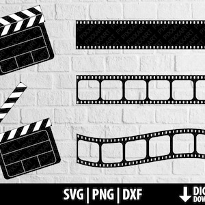 May include: Black and white film strip and clapperboard SVG cut files. The film strip is shown in three different styles: straight, curved, and with individual frames.