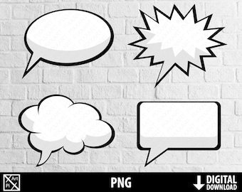 Comic book talk bubble png, anime speech balloon png clipart, thought bubble, printable comic book stencil, heat transfer, digital download