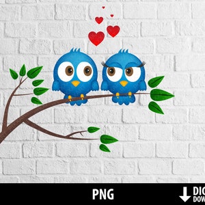 Amore png, clipart uccelli di San Valentino, simpatico uccello blu stampabile nell'albero, sublimazione, invito al matrimonio, download digitale
