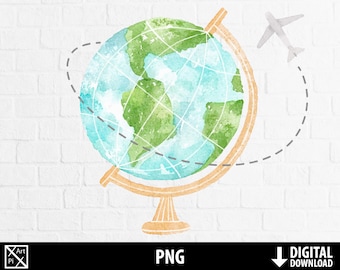 旅行の世界 png、水彩の放浪癖のクリップアート、旅行する地球儀、飛行機、印刷可能な昇華デジタルダウンロード