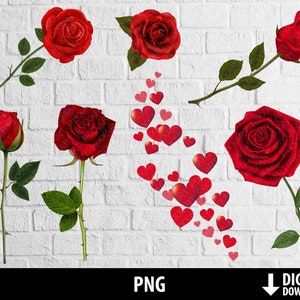 Rosas rojas png, imágenes prediseñadas de flores de amor, corazones, invitación de boda, día de San Valentín, scrapbooking, descarga instantánea digital