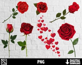 Red roses png, Love flowers clipart , hearts, wedding invitation, valentine's day, scrapbooking, digital instant download