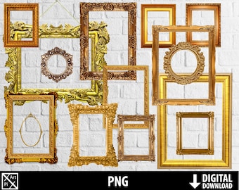 Gold frames png, vintage golden frames clipart, retro border png, shabby background, printable scrapbooking, digital download, png 300dpi