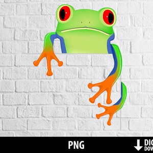 May include: A green tree frog with red eyes peeks over a white brick wall. The frog has orange and blue markings on its legs.