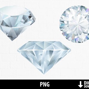 May include: Three different views of a sparkling, clear diamond. The diamond is faceted and has a brilliant cut. The diamond is a popular symbol of love and luxury.
