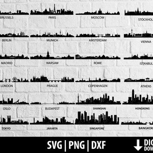 Skyline silhouettes svg dxf png, European asian city clipart, printable cut file cricut, london amsterdam budapest tokyo digital download