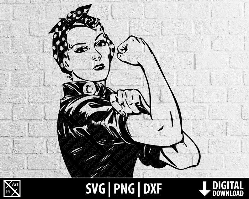 May include: Black and white line art illustration of a woman with a bandana on her head, flexing her bicep. The woman is wearing a jacket and has a determined expression on her face. The image is set against a white brick background.