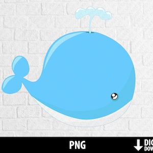 May include: A light blue whale with a white belly and a small black eye. The whale is blowing a spout of water from its blowhole.