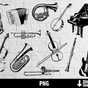 Music instruments clipart, music png ,printable  instruments, piano guitar cello tuba violin clarinet horn, sublimation, digital download