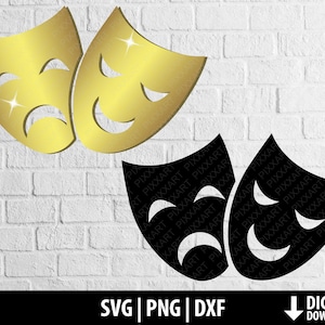 Máscaras de teatro svg dxf png, tragedia de comedia, clipart de pantomima dorada imprimible, silueta de cameo triste feliz, corte de archivo cricut, descarga digital