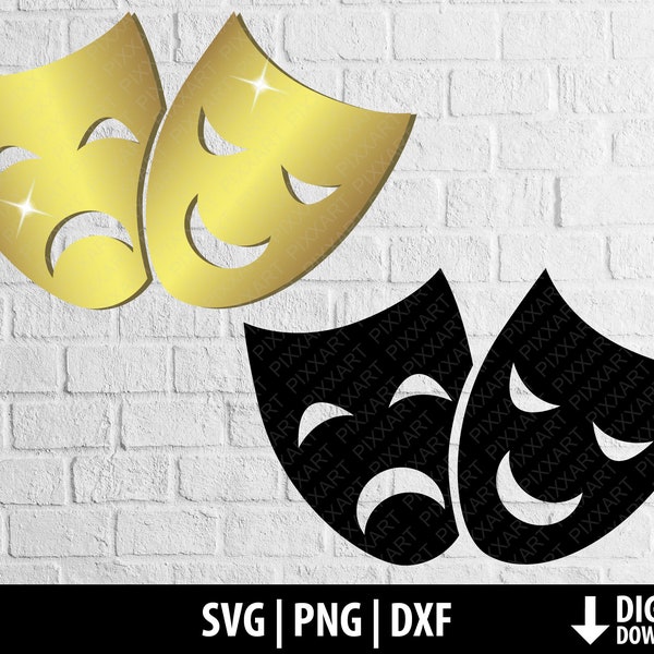 Theatre masks svg dxf png, comedy tragedy, printable golden pantomime clipart, happy sad cameo silhouette, cut file cricut, digital download