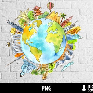 Reiswereld clipart, aquarel wanderlust png, reizende globe oriëntatiepunten, afdrukbaar bestand, sublimatie digitale download