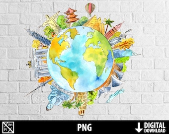 Reiswereld clipart, aquarel wanderlust png, reizende globe oriëntatiepunten, afdrukbaar bestand, sublimatie digitale download