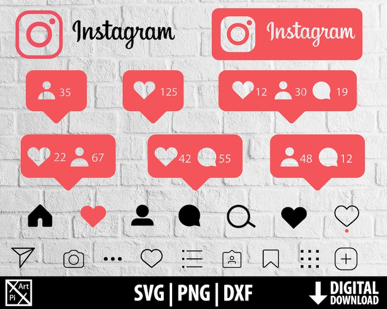 May include: A set of 10 Instagram icon graphics in red, black, and white. The icons include a camera, heart, person, speech bubble, home, magnifying glass, list, and plus sign. The text "Instagram" appears in red at the top of the image. The text "SVG | PNG | DXF" appears at the bottom of the image. The text "DIGITAL DOWNLOAD" appears at the bottom right of the image.