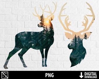 Hertenbos png, hertengeweien hoofd silhouet foto clipart, afdrukbare sublimatie digitale download