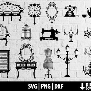 Victorian furniture svg, chesterfield antique seat dxf png, make up table, lantern chandelier sewing cut file silhouette digital download