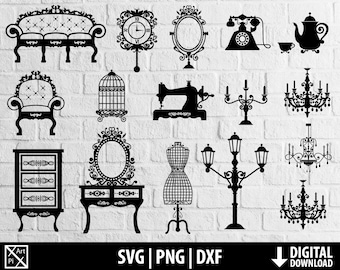 Victorian furniture svg, chesterfield antique seat dxf png, make up table, lantern chandelier sewing cut file silhouette digital download