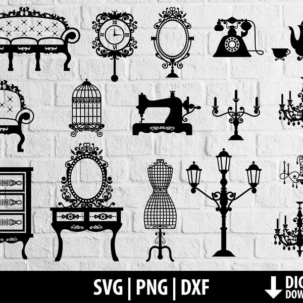 Victorian furniture svg, chesterfield antique seat dxf png, make up table, lantern chandelier sewing cut file silhouette digital download