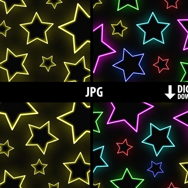 Stars digital paper, neon stars seamless wallpaper, printable glowing star background, scrapbooking,  digital instant download, jpg 300dpi