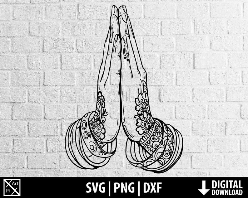 May include: Black and white line art illustration of two hands in a prayer position with intricate floral designs on the wrists and forearms.