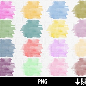 May include: A set of 16 watercolor brushstroke PNG digital downloads. The brushstrokes are in various colors, including pink, yellow, blue, green, red, purple, and brown.