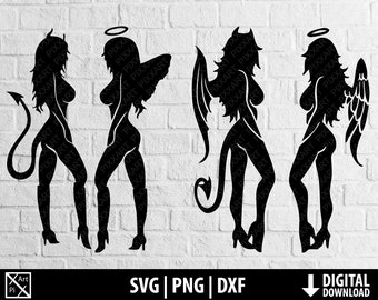 May include: A digital download of four black and white silhouette images of a woman with angel wings and a halo, and a woman with devil horns and a tail. The images are in a graphic style.
