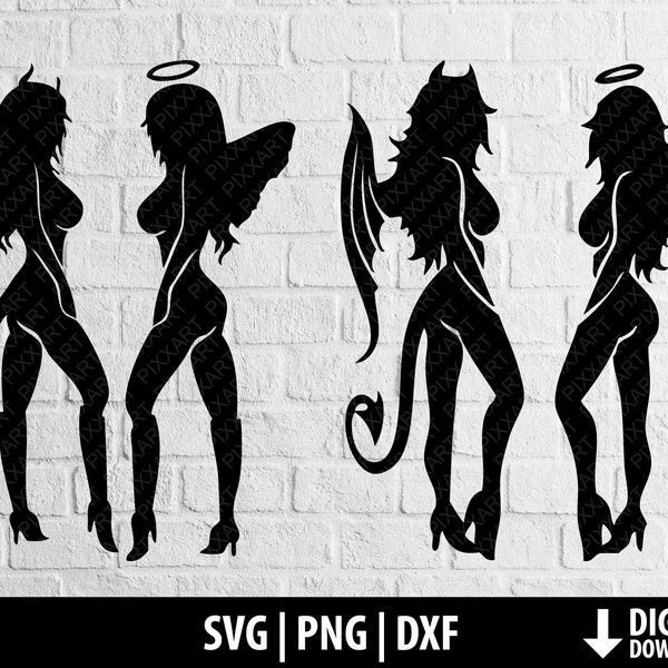 Angel devil svg, sexy good bad woman dxf png female silhouette printable wall decall cut file cricut cameo sublimation digital download