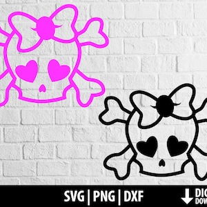 Girly skull svg, cute pink emo skull bow clipart png dxf, crossbones, printable cutting file cricut, silhouette sublimation digital download